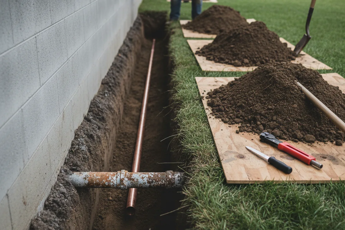 Excavated water line trench during Water Softener Installation in Leighton